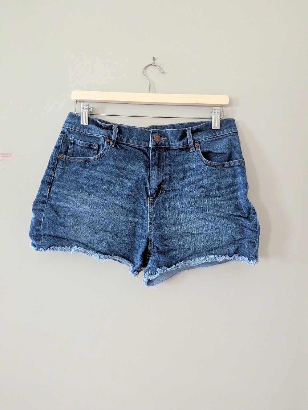 LOFT Cutoff Frayed Denim High Rise Shorts Mid Indigo Wash Size 29